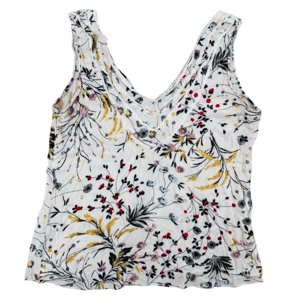 Zara Basic Tank Top Womens Small White Floral V-Neck Crochet Lace Button Back